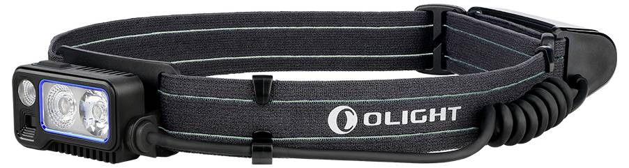 Head torch with an adjustable, elastic strap and two LED lights, suitable for outdoor activities and work in darkness.