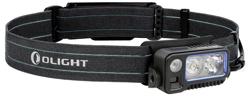 A black head torch with an elastic headband, by Olight, featuring two LED lights at the front, perfect for outdoor activities in the dark.