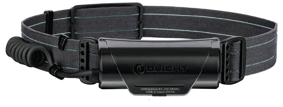 Black headband with green stitching and clip holder by Olight, suitable for torch mounting during outdoor activities.
