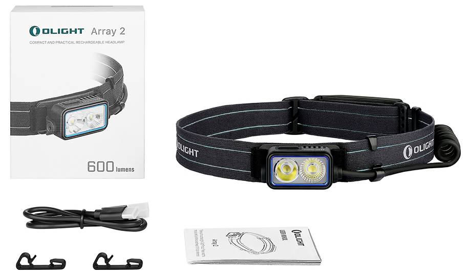 Head torch 'Olight Array 2' with packaging, 600 lumens, two mounting clips, charging cable and user manual.