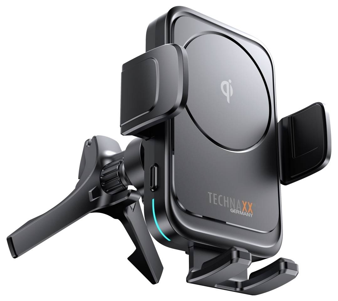 Smartphone holder with wireless charging function. Attachment for vehicle air vent slots. Qi-compatible.