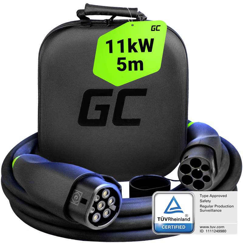 'EV Charging Cable 11 kW, 5 m Length' with carry bag, TÜV-certified.