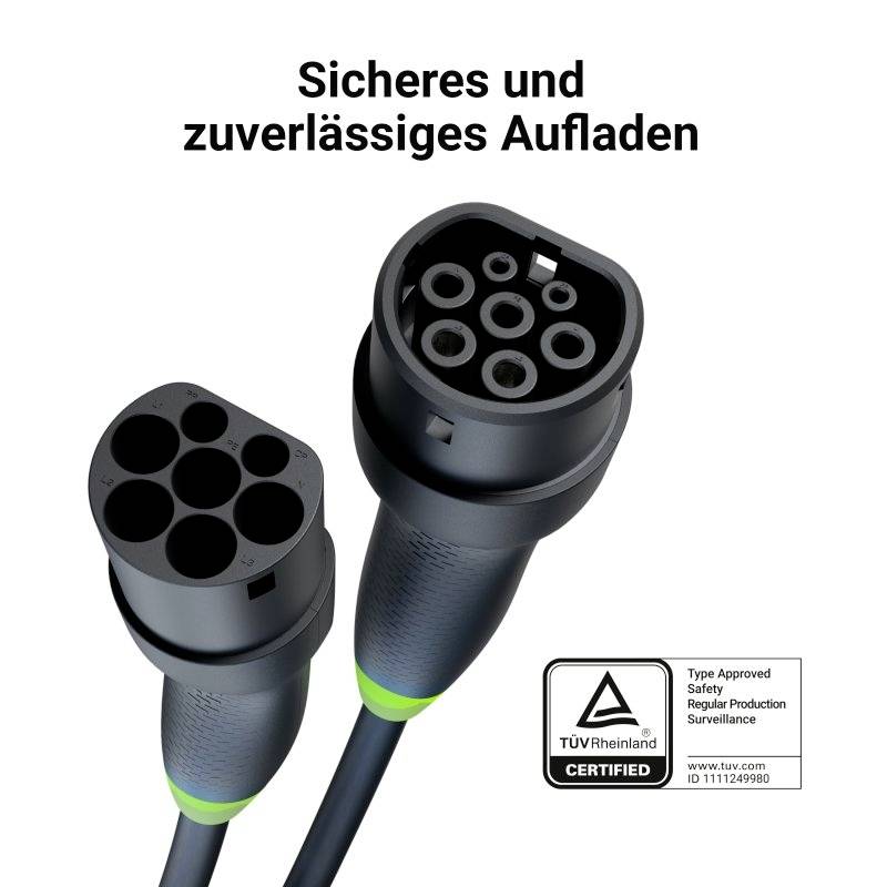 Electric vehicle charging connector with TÜV Rheinland certification, labelled 'Safe and Reliable Charging' at the top.