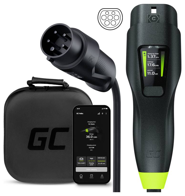 Charging cable and portable charging station with digital display showing charging information. Smartphone app displays similar data. Transport bag in the background.