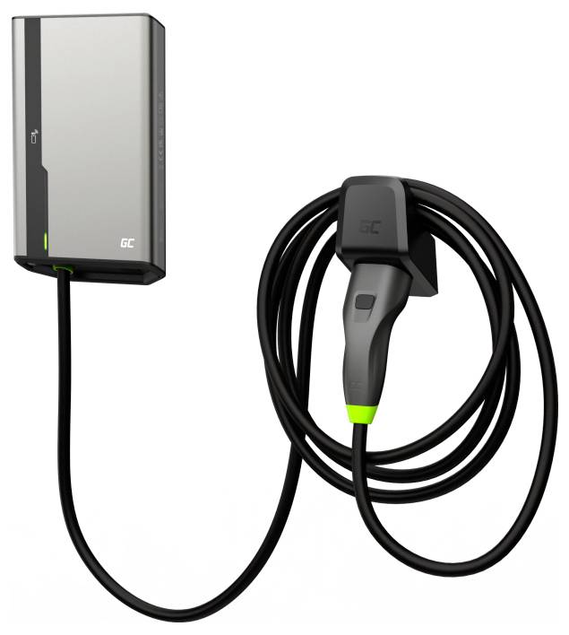An electrical charging point with cable and plug. The device is modernly designed and primarily intended for electric vehicles.