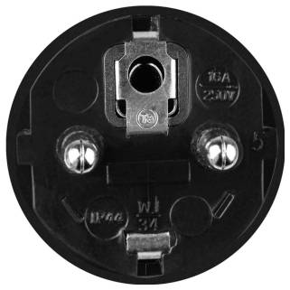 Close-up of a European plug with two round pins and a notch at the top for earthing, suitable for 16A, 250V.