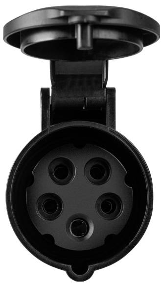 Black electric socket with five round openings, lid open at the top.