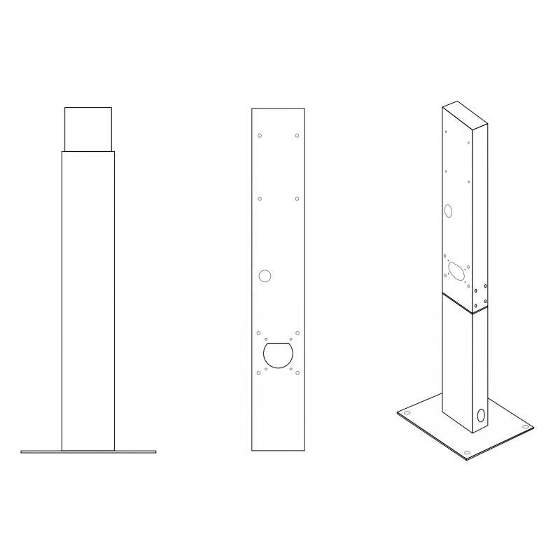 Technical drawing of a metal post, shown in front view, side view and perspective view, with mounting plate at the bottom.