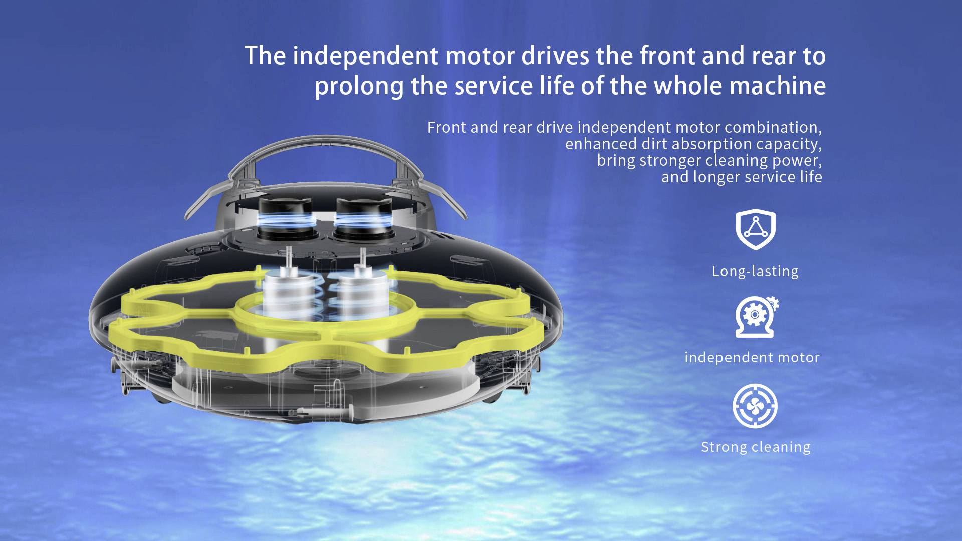 View of a cleaning robot with text explaining advantages such as long service life, independent motor, and powerful cleaning.