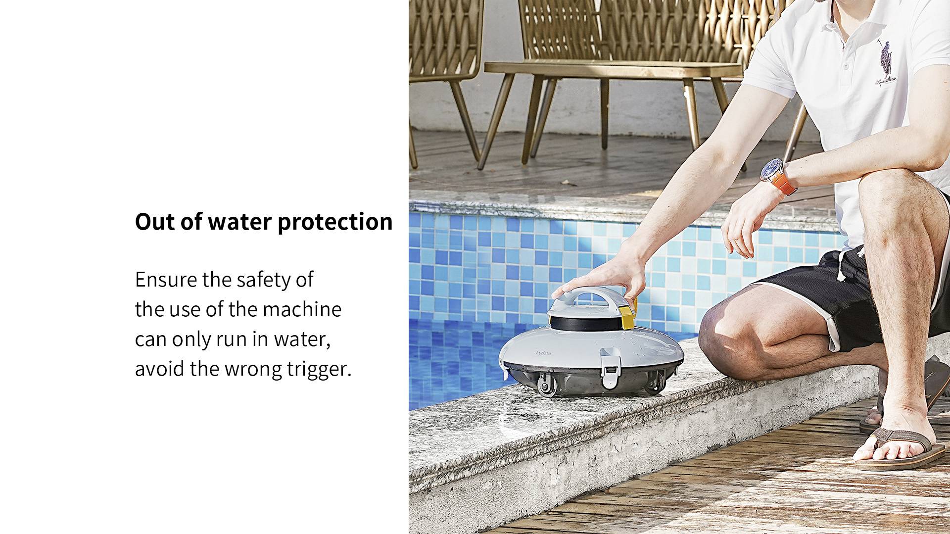 A man positioned by the poolside places a round device on the water's surface. Text on the left provides information about 'out of water protection'.