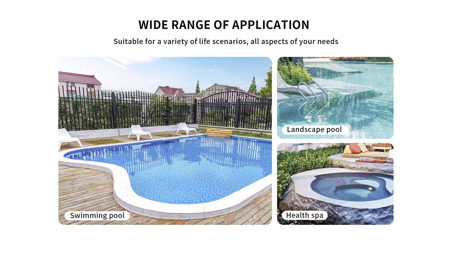 Image shows three pools: a swimming pool, a landscape pool, and a wellness spa. Text explains versatile applicability.