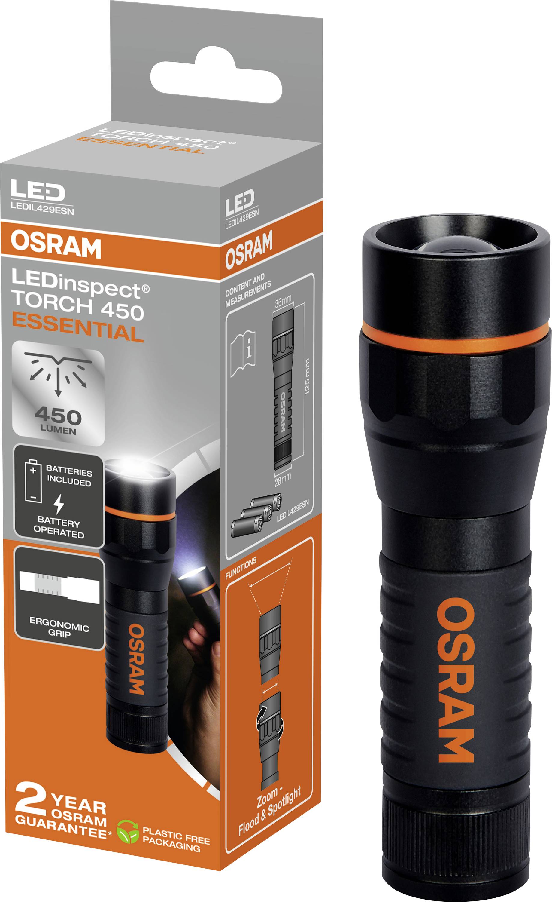 Osram LED Torch: Model 'LEDinspect TORCH 450 ESSENTIAL', 450 Lumens, Batteries Included, Ergonomic Grip, 2 Year Warranty. Packaging displays torch, specifications and brand name.