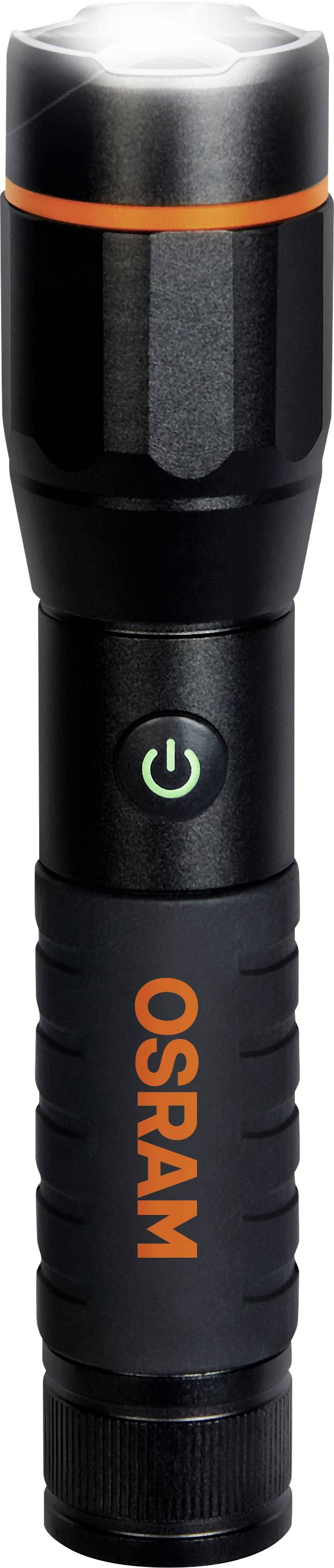 Black torch with an orange stripe and 'OSRAM' logo, illuminated from above. Power button located on the side of the handle.