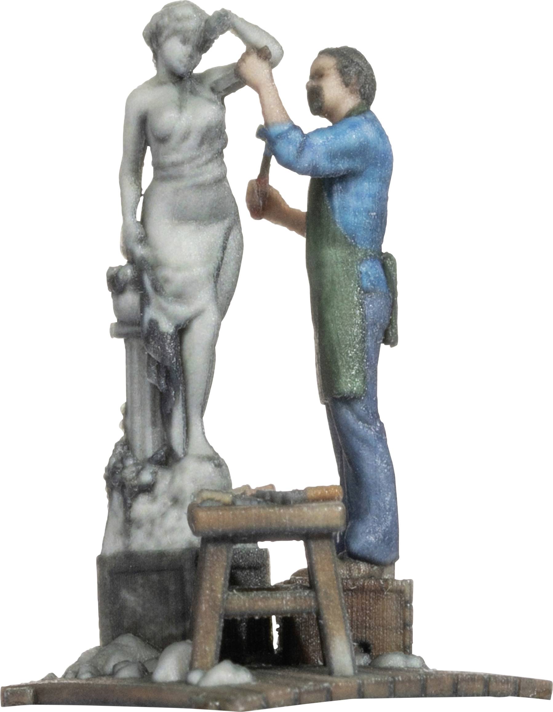 A miniature sculptor is working on a female statue standing on a plinth. The artist is wearing blue clothing and a green apron.