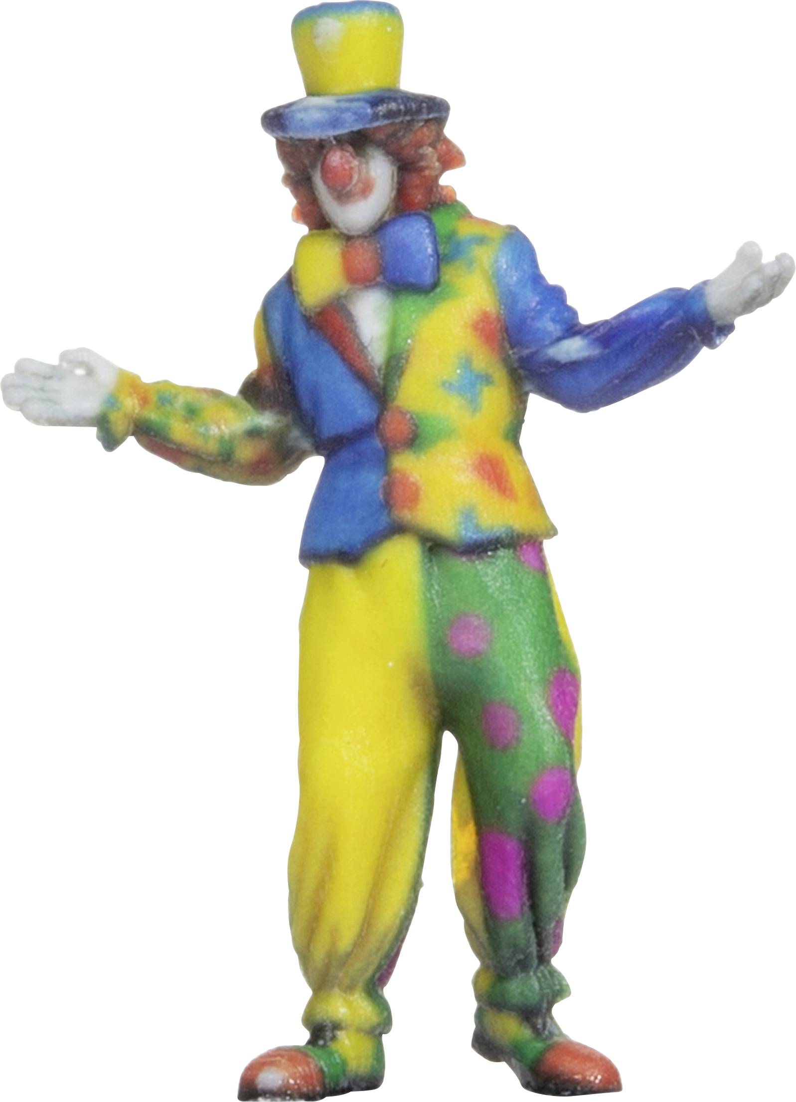 A colourfully dressed clown with a hat smiles and spreads his arms wide, as if greeting the audience or presenting a show.