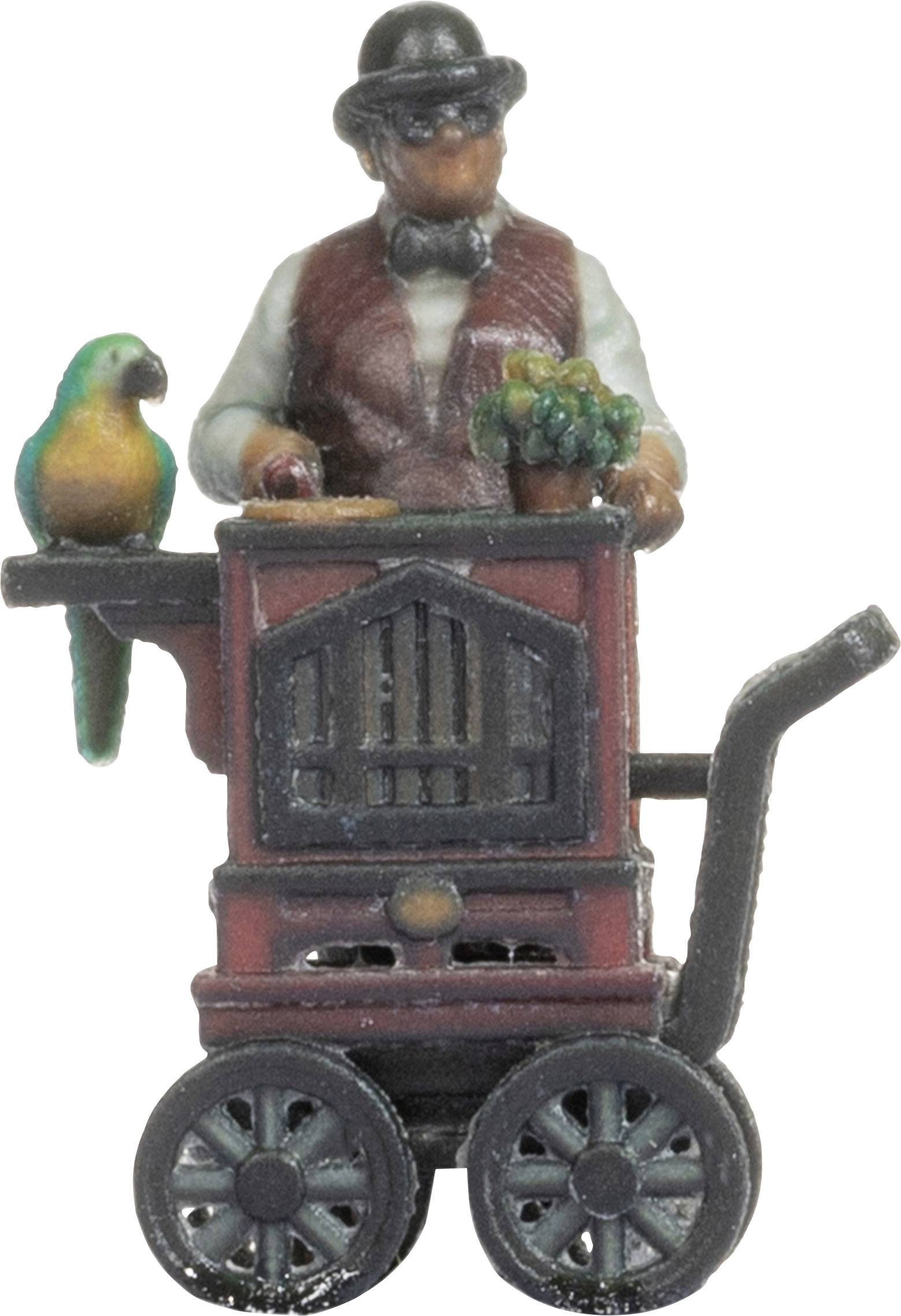 A man in traditional clothing operates a barrel organ, with a colourful parrot perched on top.