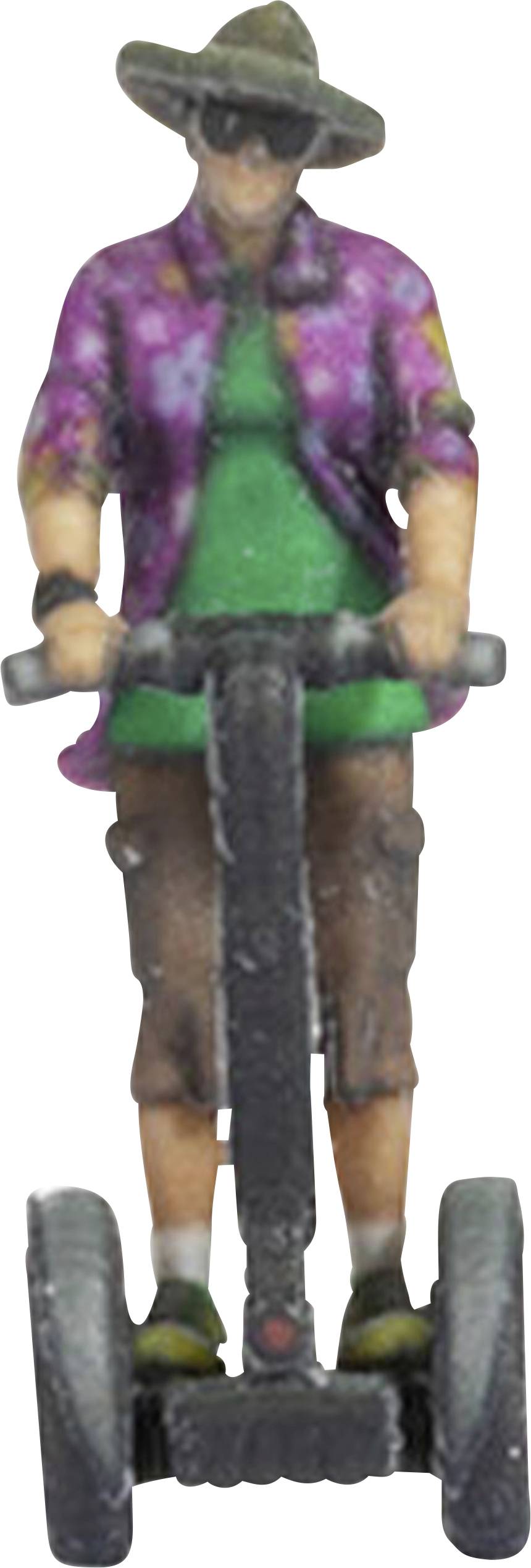 A figure wearing a sun hat and colourful clothing rides a Segway, dressed like a tourist.