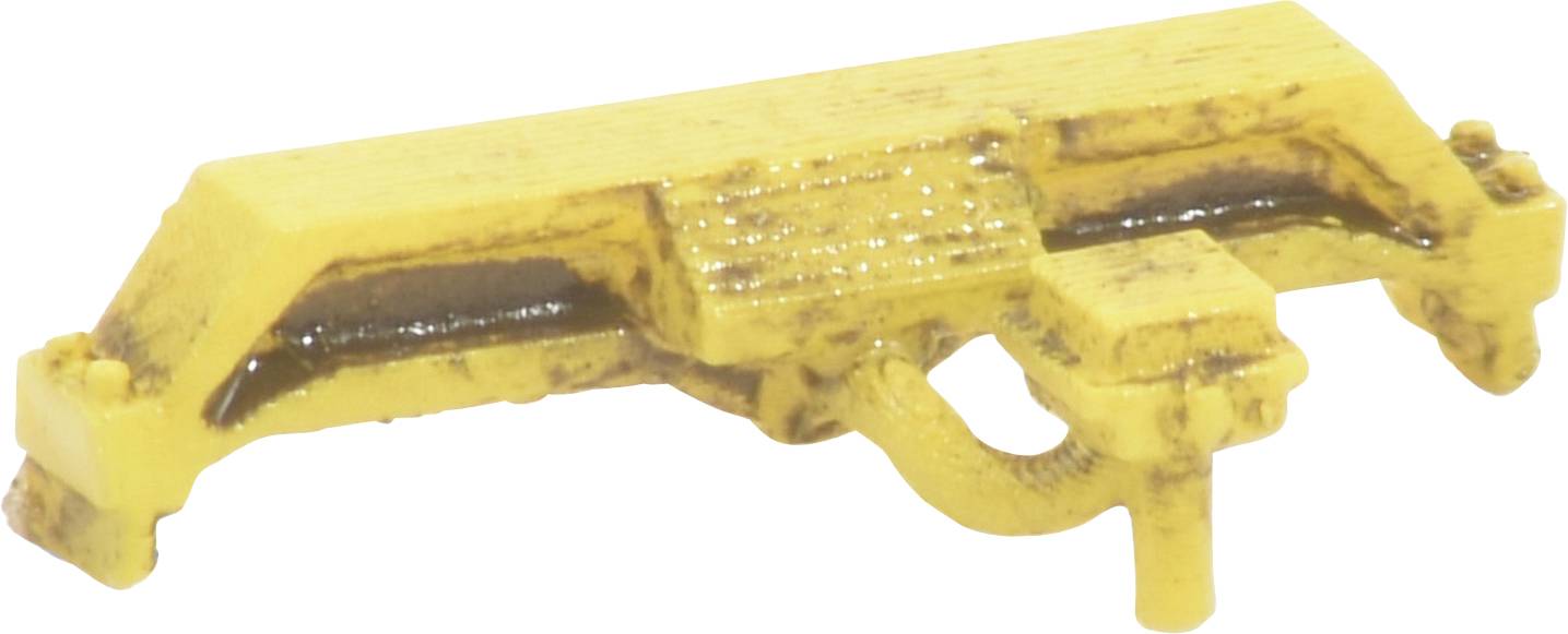 A yellow, worn plastic component with an integrated texture. Its form resembles a technical part or model component.