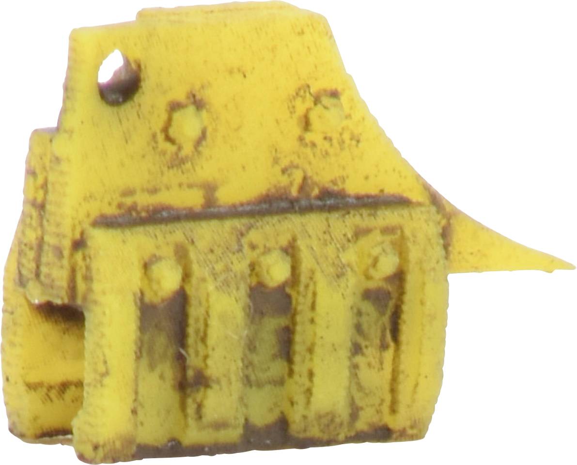 A small yellow metal object with rusty areas, possibly a component from a larger mechanical or industrial device.