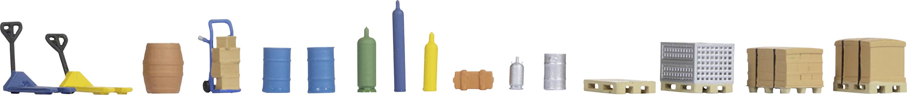 A series of miniature logistics materials, including pallets, barrels and containers.