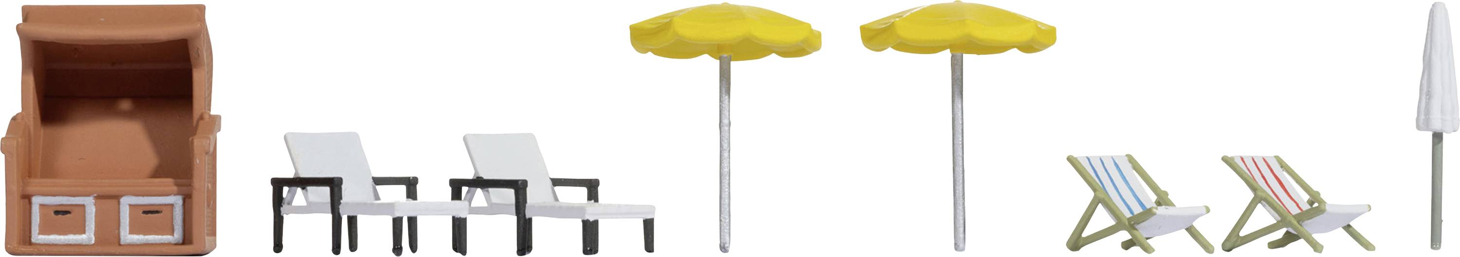 Beach accessories: A beach chair, two white loungers with black edges, two yellow parasols, two colourful folding chairs, and a parasol stand.