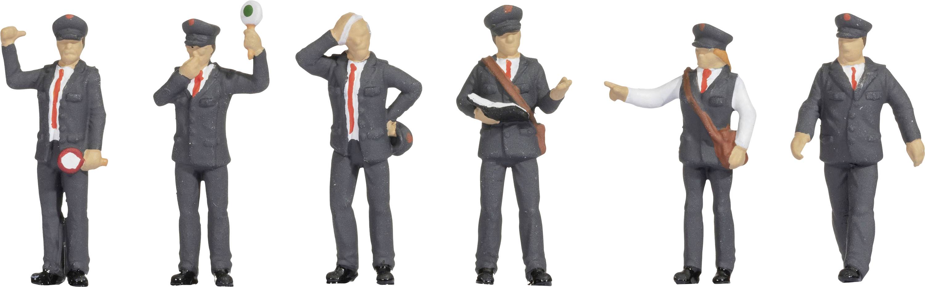 Six miniature figures in railway uniforms with red ties. Each figure displays different gestures, such as raising a hand and pointing.