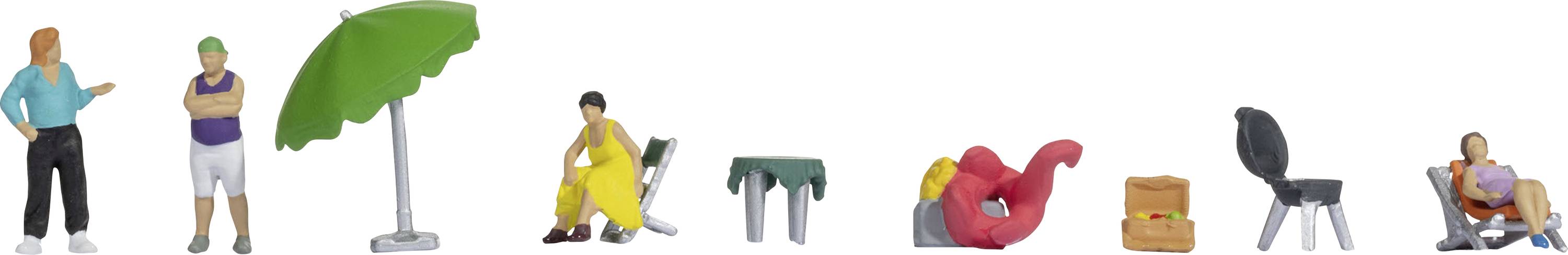 Small Figures: Two people are standing, one is sitting under a parasol, others on garden furniture, one person on a lounger.