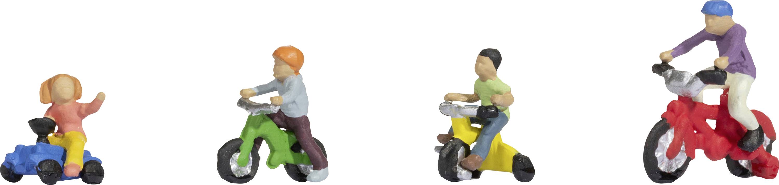 Four figurines are cycling. From left to right: a child on a tricycle, then three older figures on bicycles.