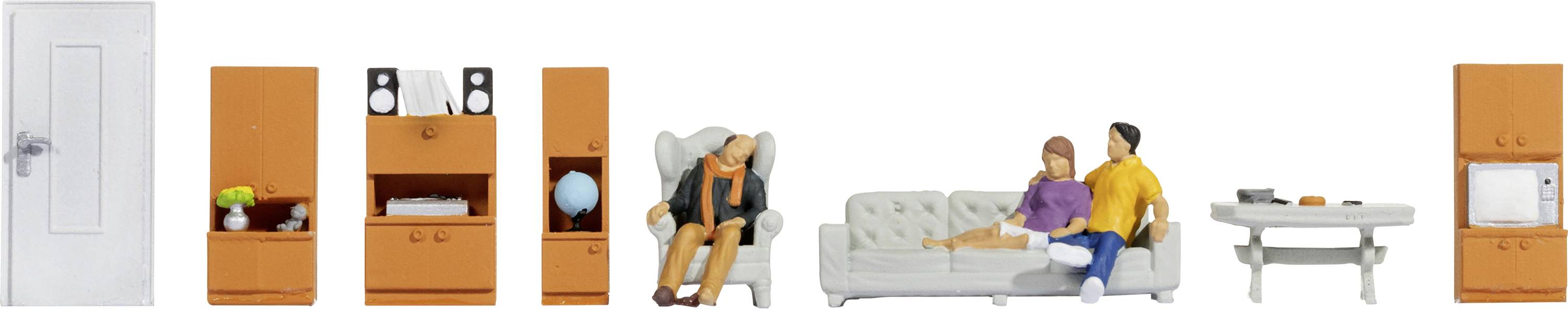 Miniatures of a living room: door, two orange cupboards with objects, a sofa with two figures, table and chair.