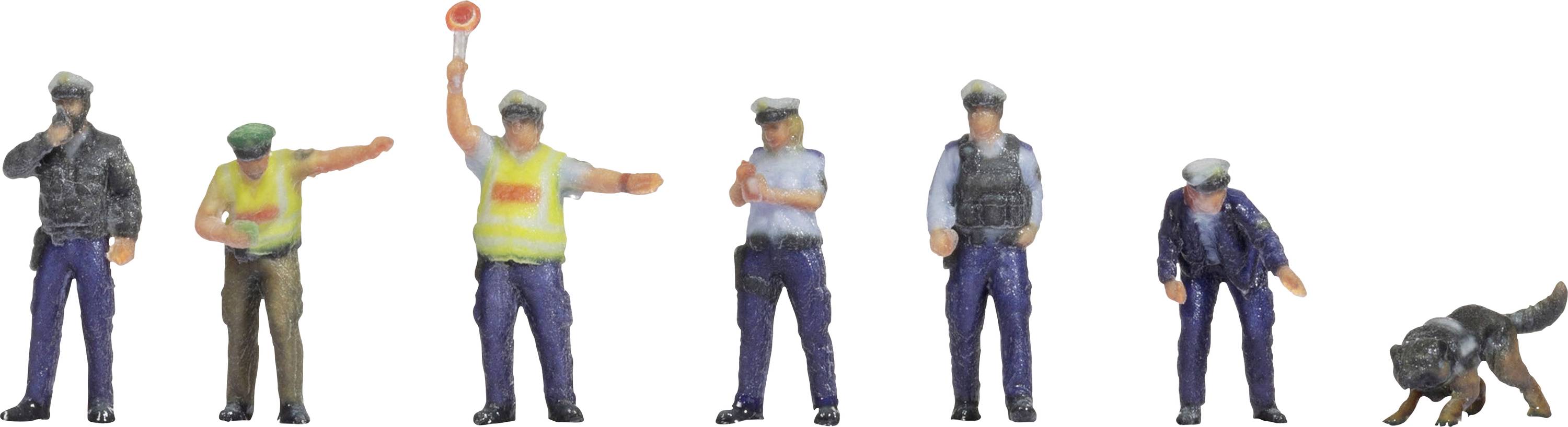 Miniature Figures: Six police officers in various poses and a dog. Some are wearing vests, one is holding a signal in his hand.