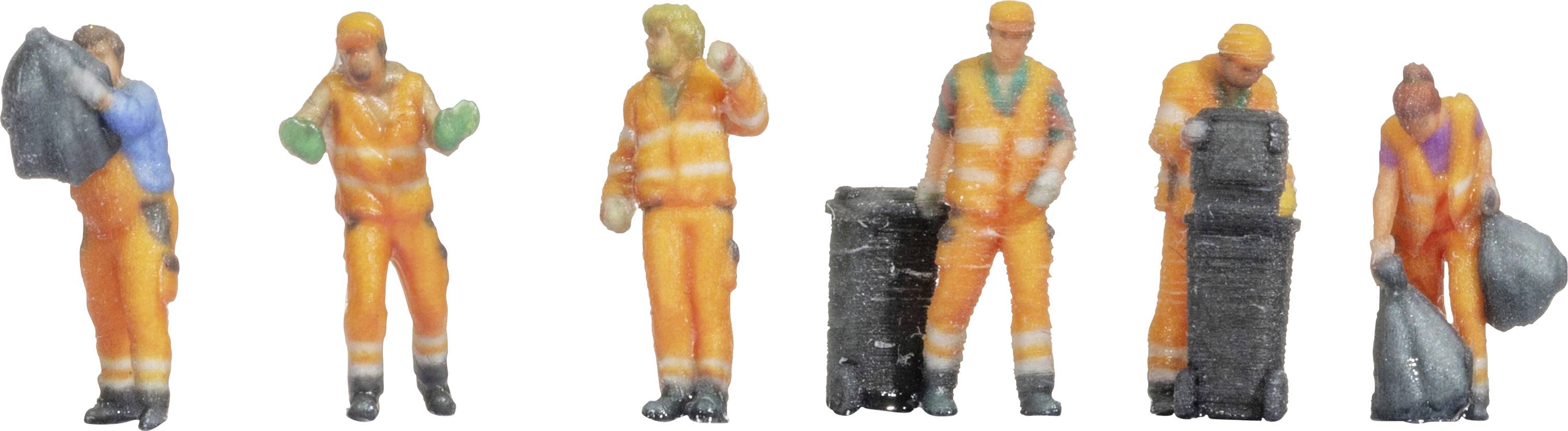Several miniature figures in orange protective clothing working with bin bags and waste containers, representing refuse collectors.