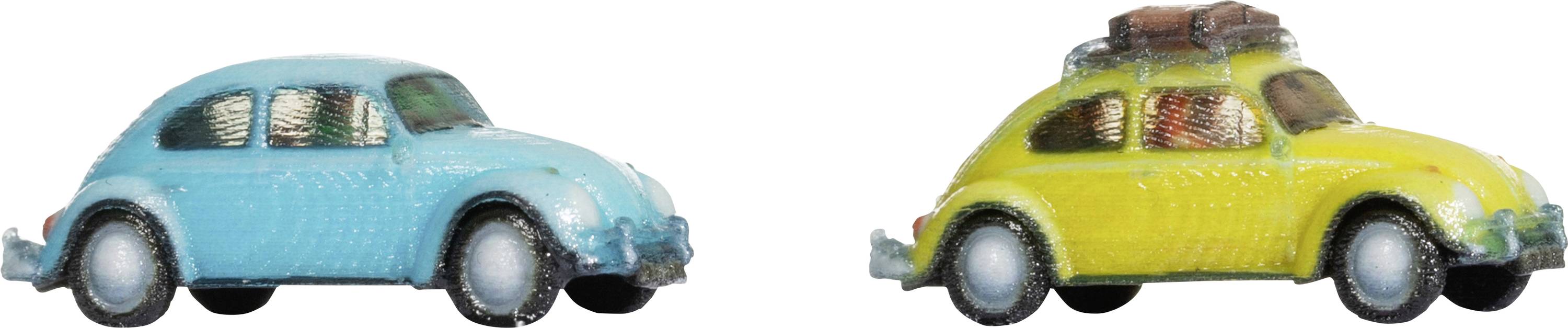 Two toy cars side by side: a light blue one and a yellow Beetle. The yellow Beetle has luggage on its roof.