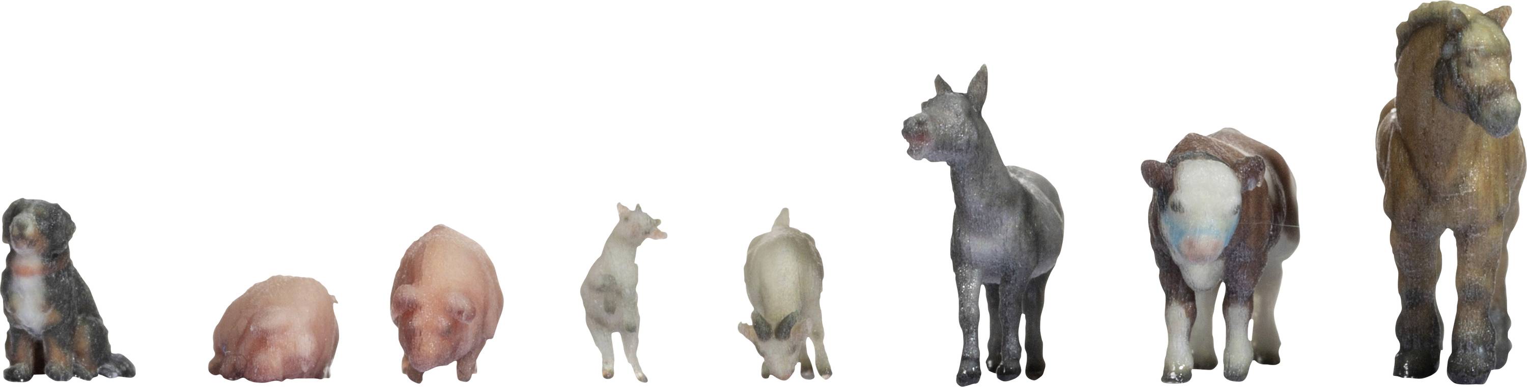 A row of toy animals: a dog, two pigs, a goat, a donkey, a cow and a horse, from left to right.