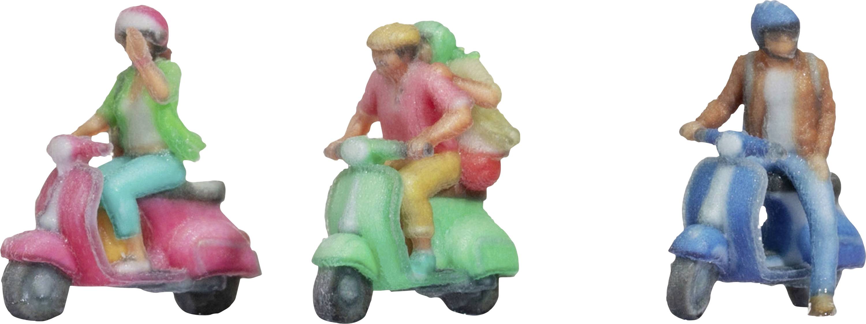 Three miniature figures on scooters: on the left, a rider with sunglasses on a pink scooter, in the middle two people on a green scooter, on the right an individual on a blue scooter.