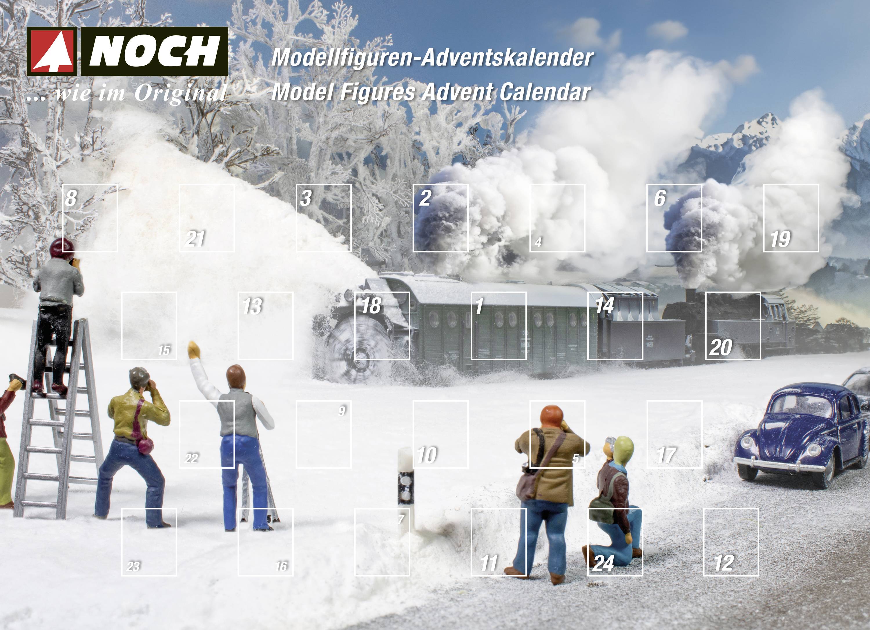 Model Figures Advent Calendar with a Winter Scene: People Photographing a Passing Train in a Snowy Landscape.