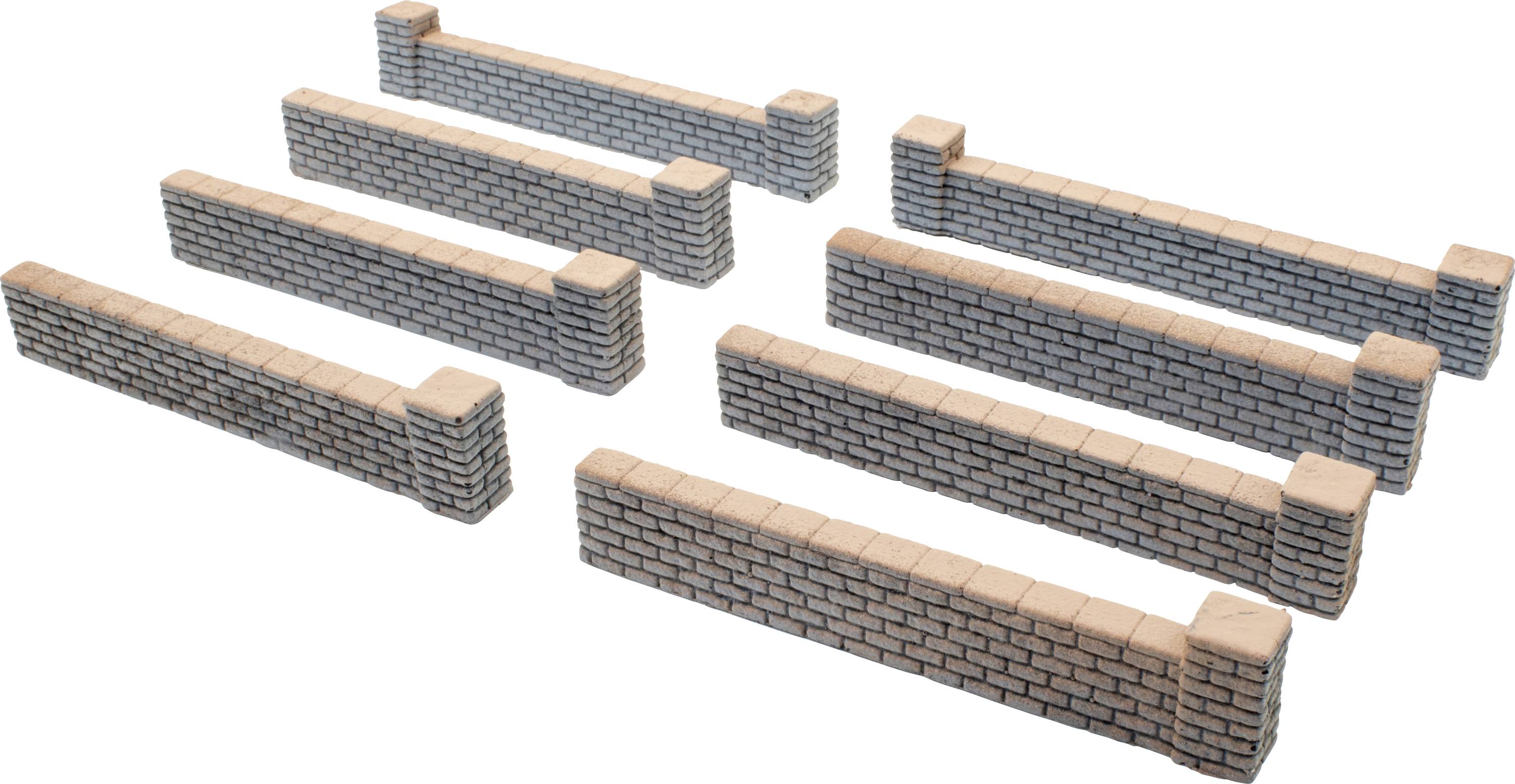 Eight rectangular, small wall sections made of stone and bricks, arranged parallel and uniformly.