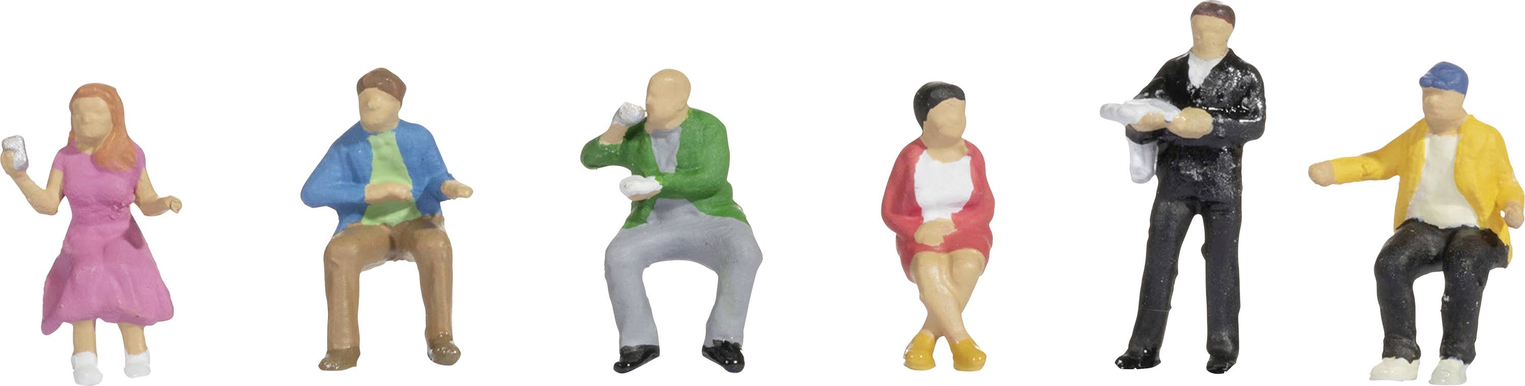 Six miniature figurines in various poses and colourful outfits, sitting or standing, with each figure holding an object.