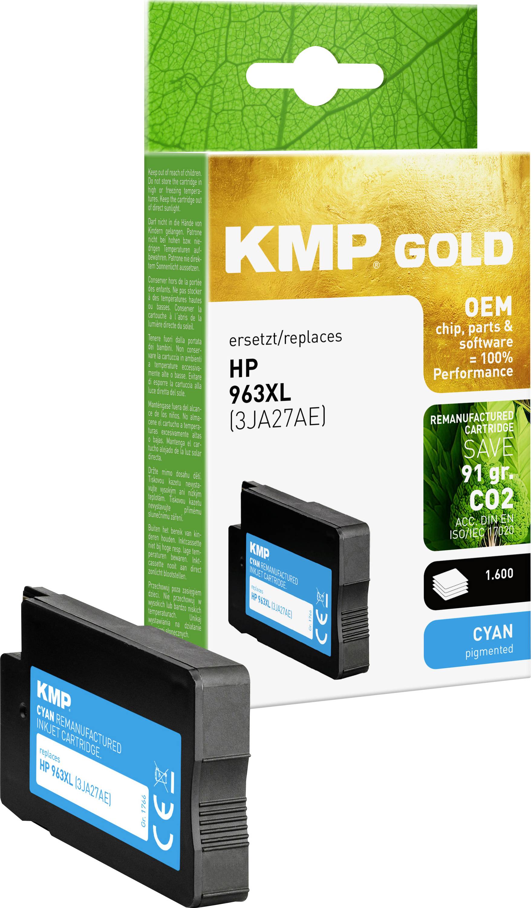KMP gold ink cartridge compatible with HP 963XL in cyan. The packaging highlights OEM quality and environmental benefits, saving 91g CO2.