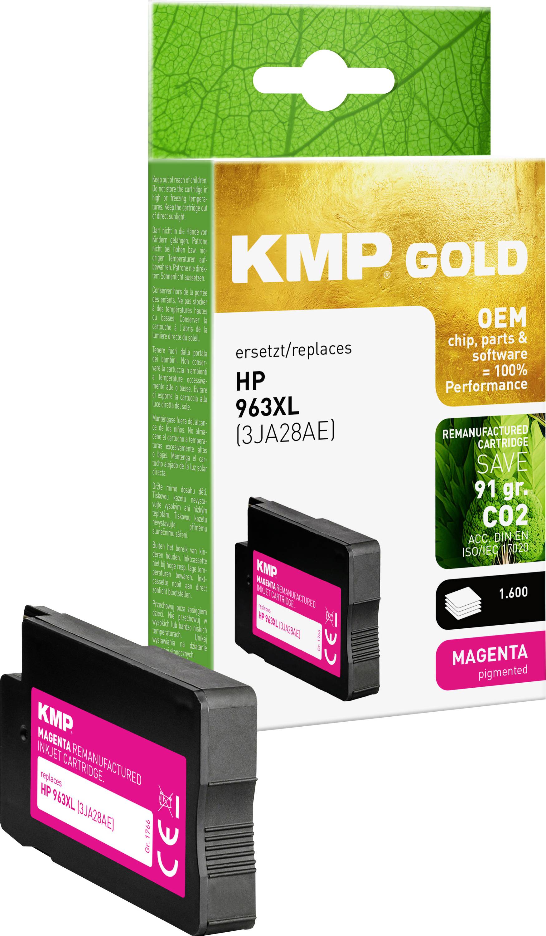 KMP Gold HP 963XL Magenta Cartridge with eco-friendly packaging, remanufactured to save 91g CO2, yields up to 1,600 pages.