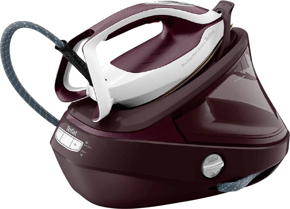 Steam ironing station in dark red colour, Tefal brand name visible, with water tank and power cable, on light grey background.