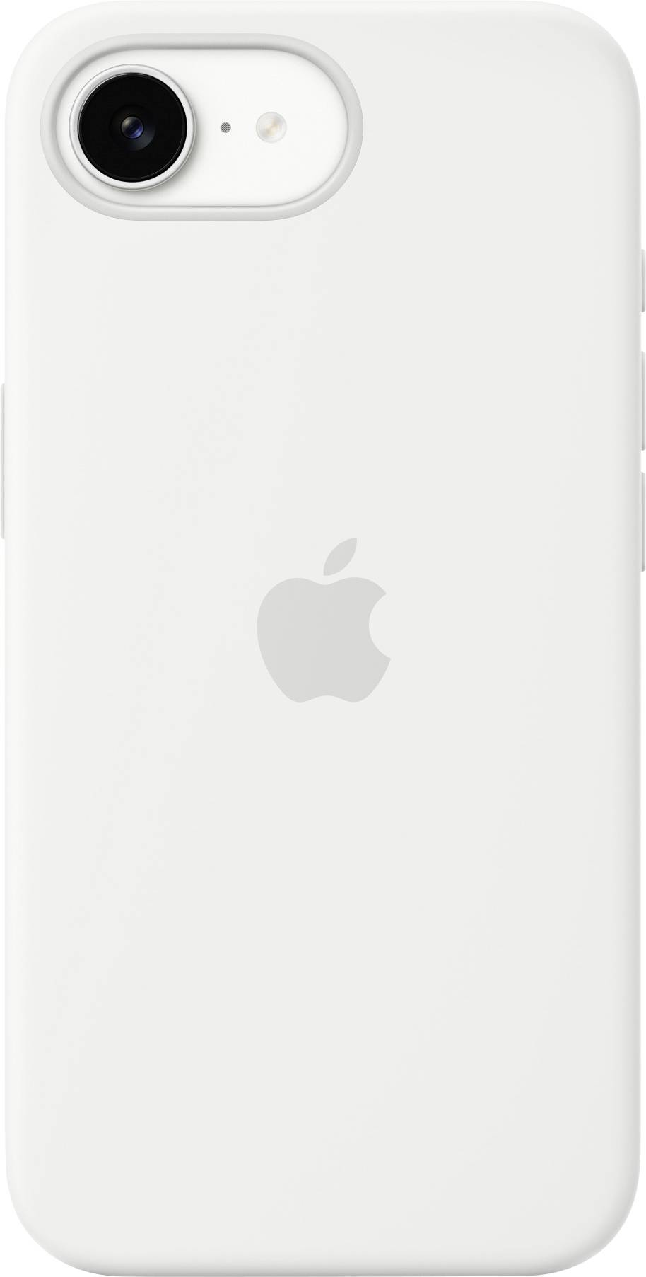 Rear view of an iPhone in a white case with an engraved Apple logo in the centre.