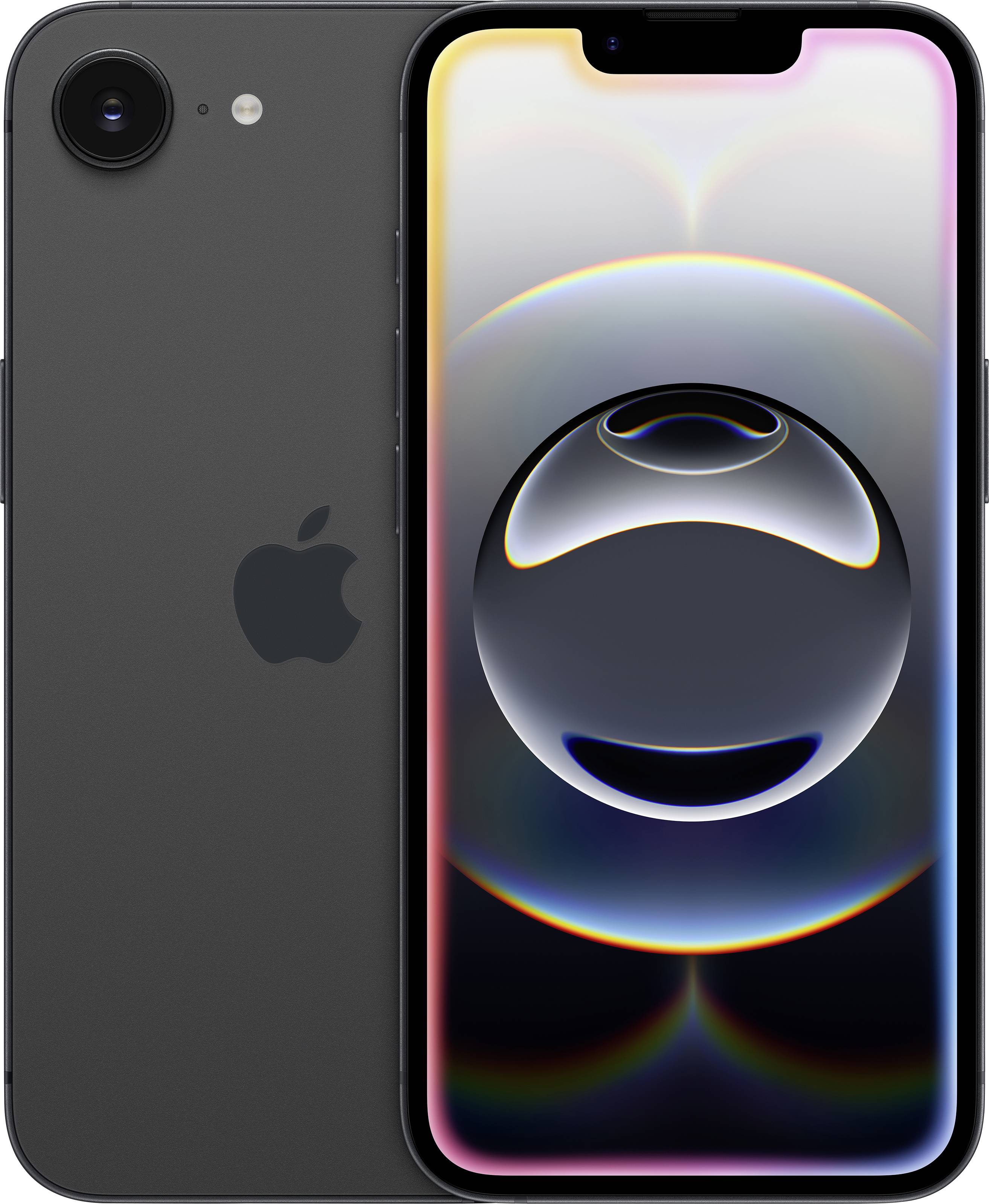 A black smartphone with a full-screen display shows an abstract, iridescent 3D design in rainbow colours on the screen.