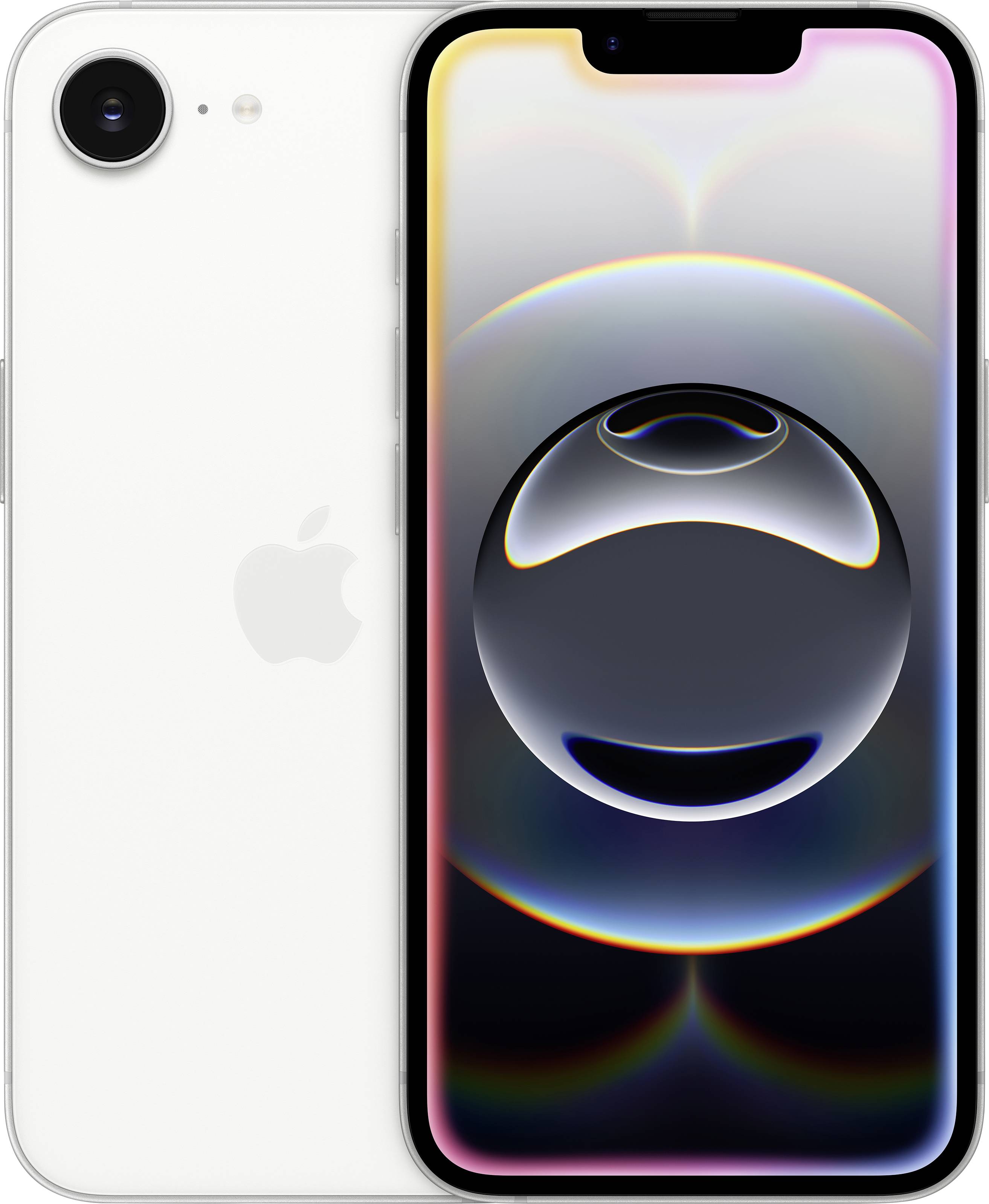 A modern smartphone in white, featuring a large display showing a colourful, abstract image. The camera is located in the top left of the rear panel.