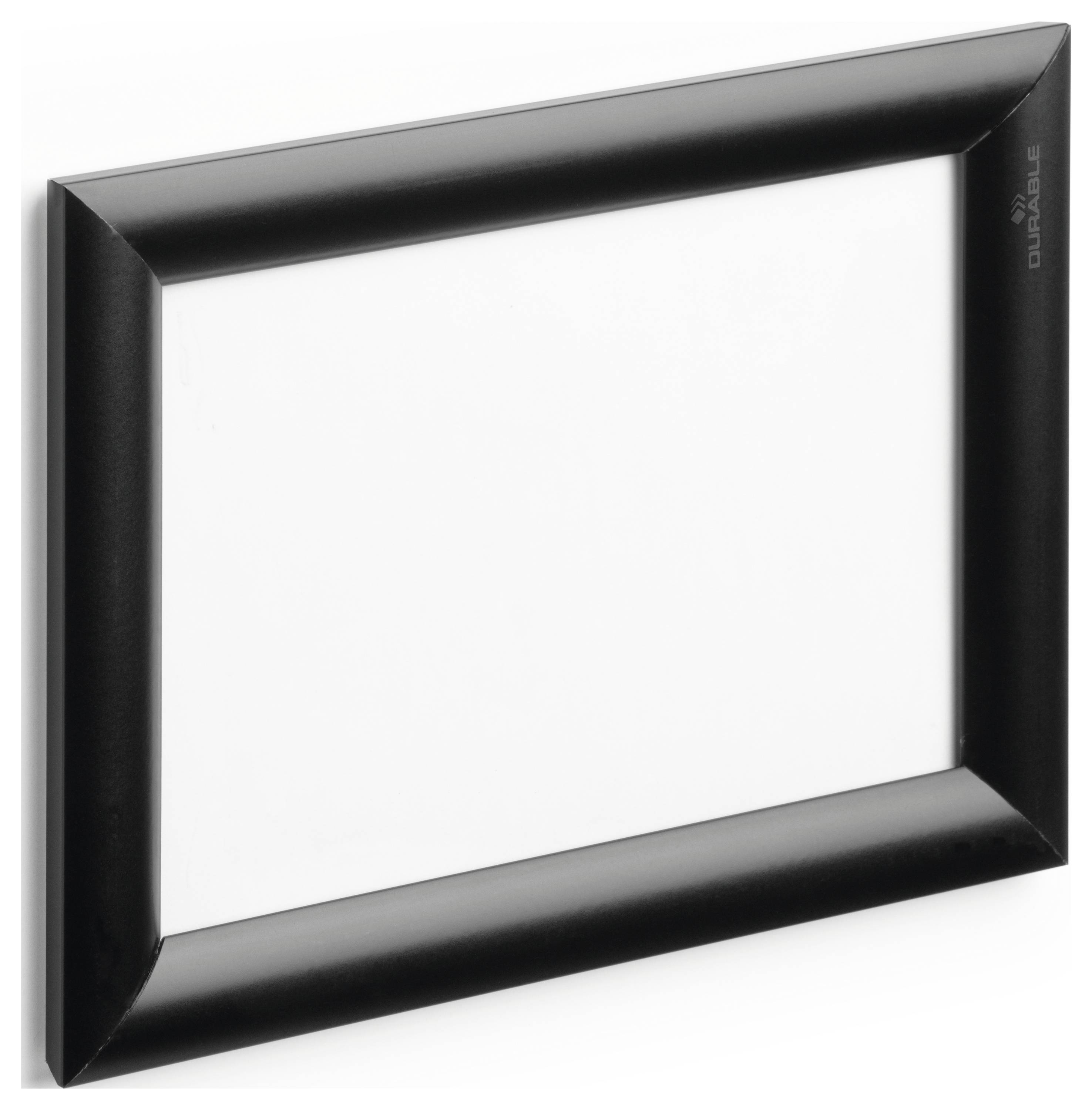 A black, empty picture frame, slightly tilted to one side.
