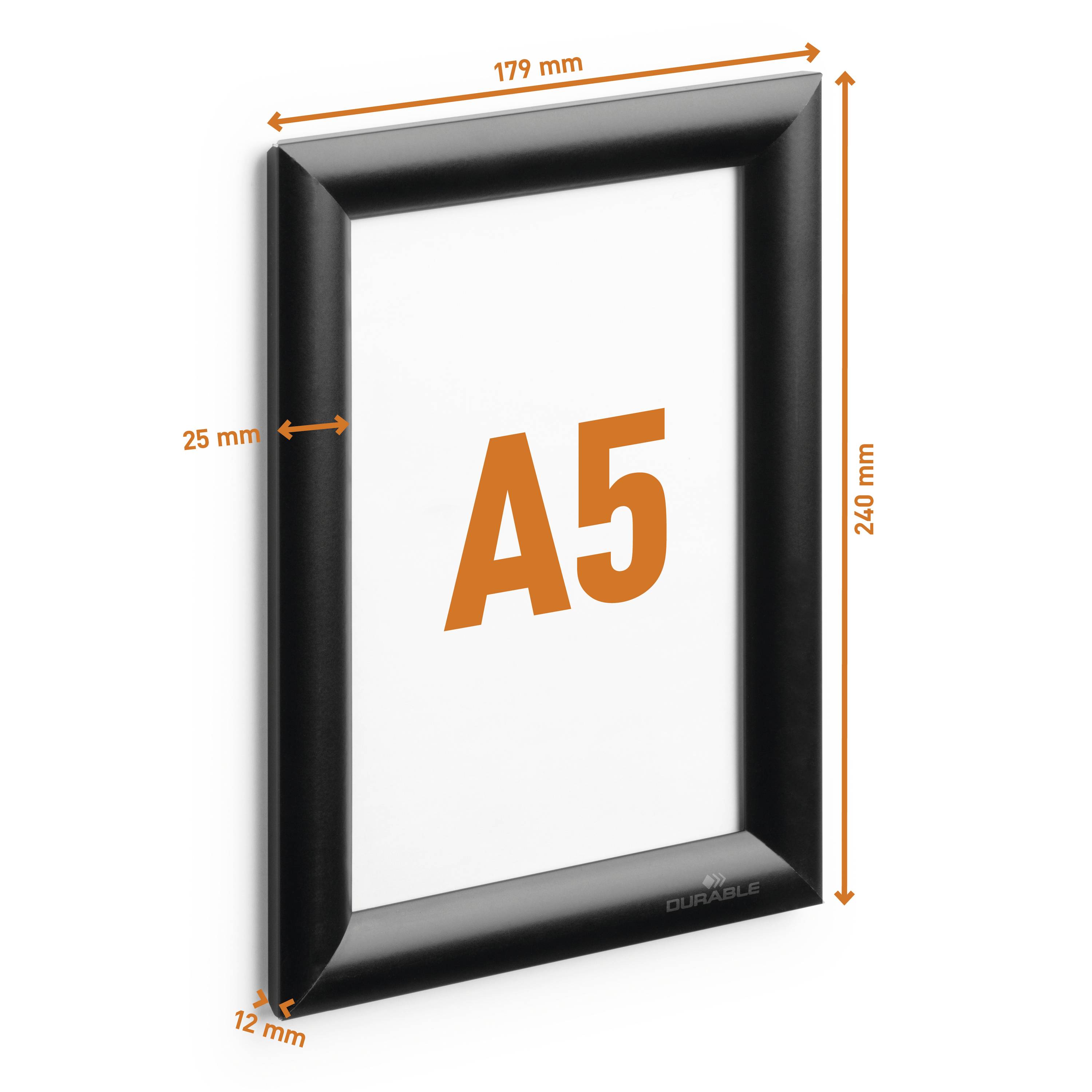 Black frame for A5 documents, dimensions: 179 mm x 240 mm external, 25 mm frame width, 12 mm depth.