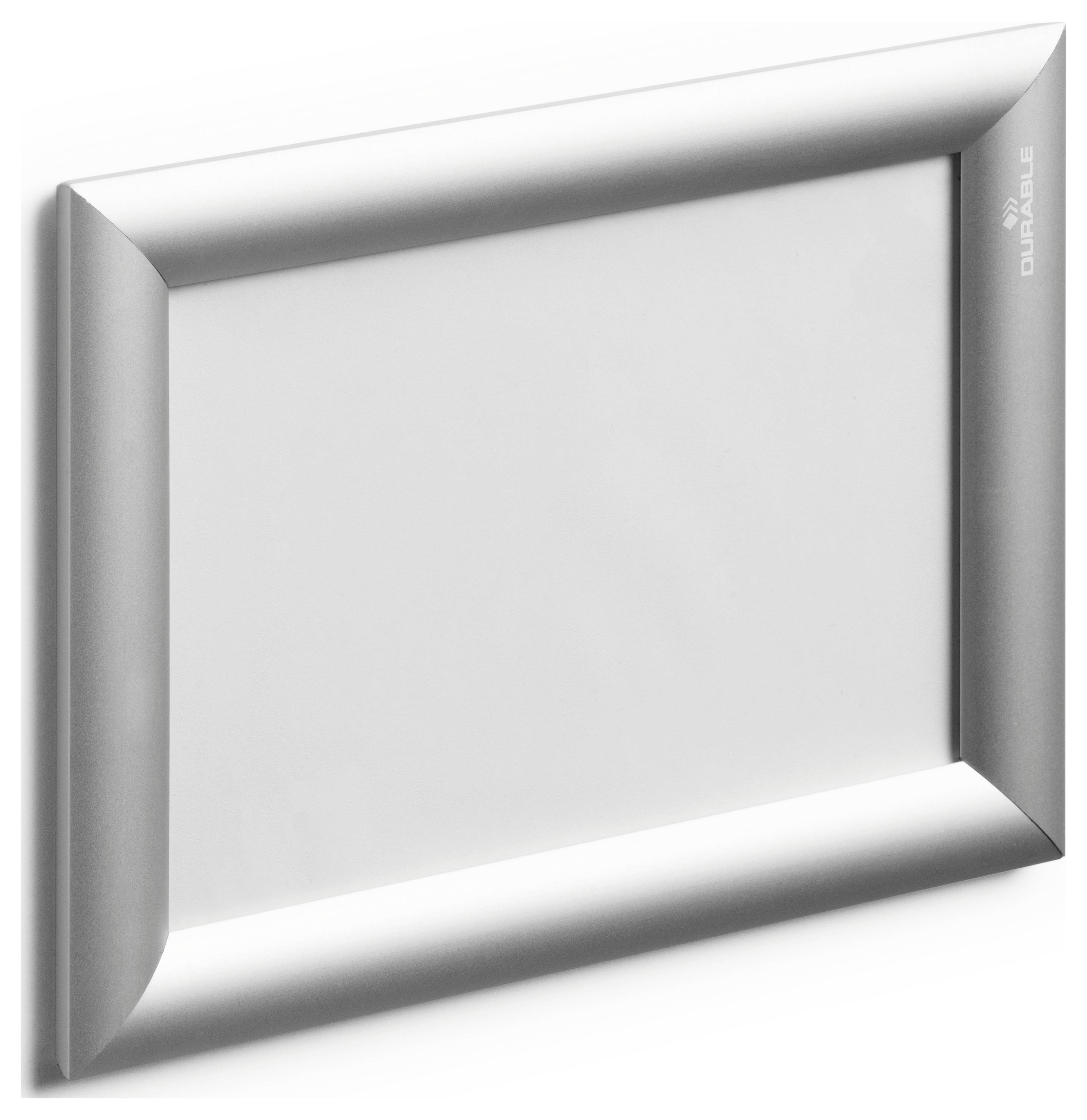 A blank, silver picture frame with distinctive edges, slightly tilted to the right, on a white background.