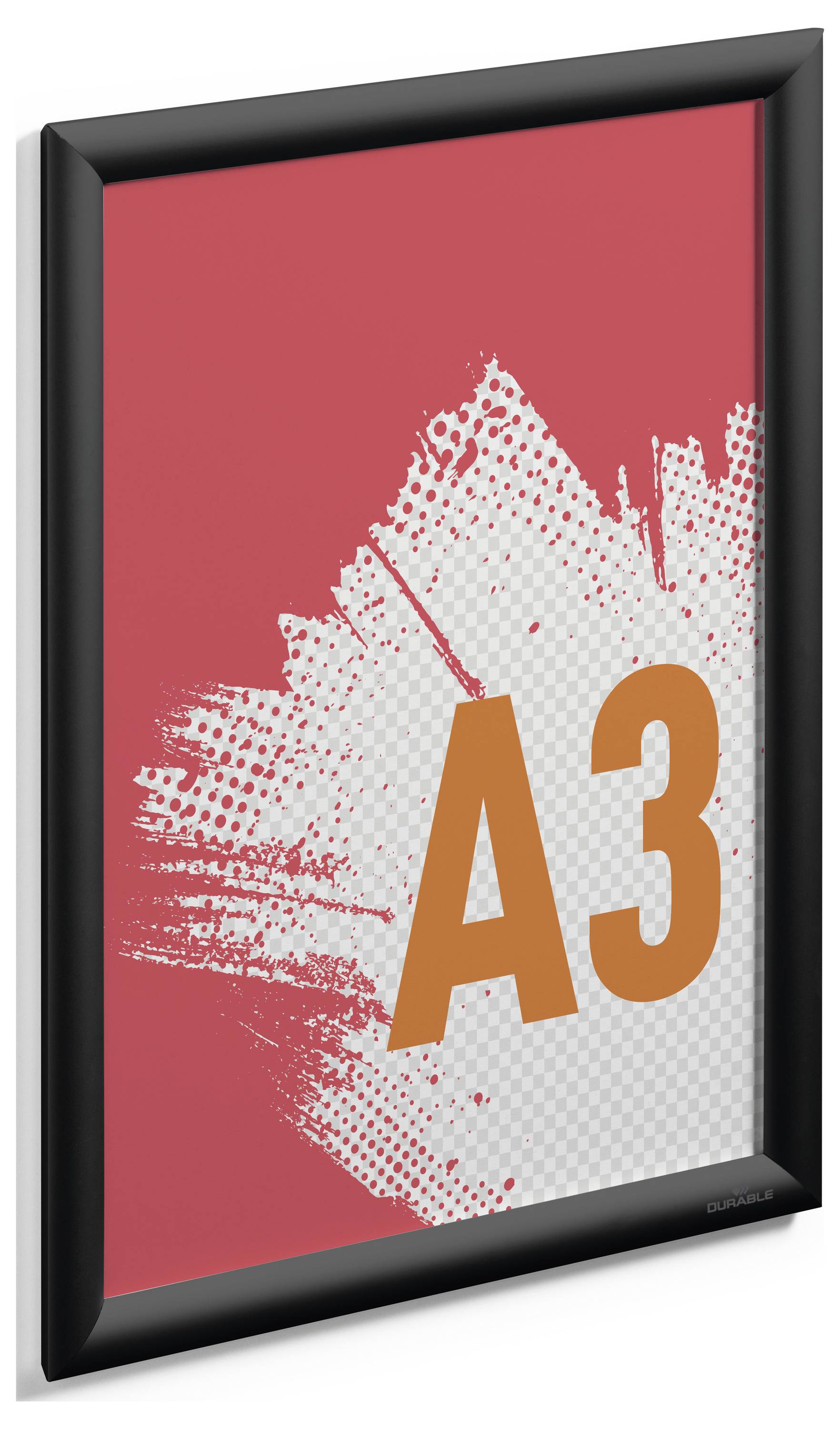 A framed poster with a red background. 'A3' is printed above in large orange letters, surrounded by white splashes.