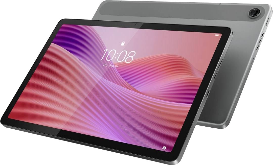 Two tablets with pink, wavy screens; one tablet displays '10:08 Fri. Feb.' against a sleek, modern backdrop.