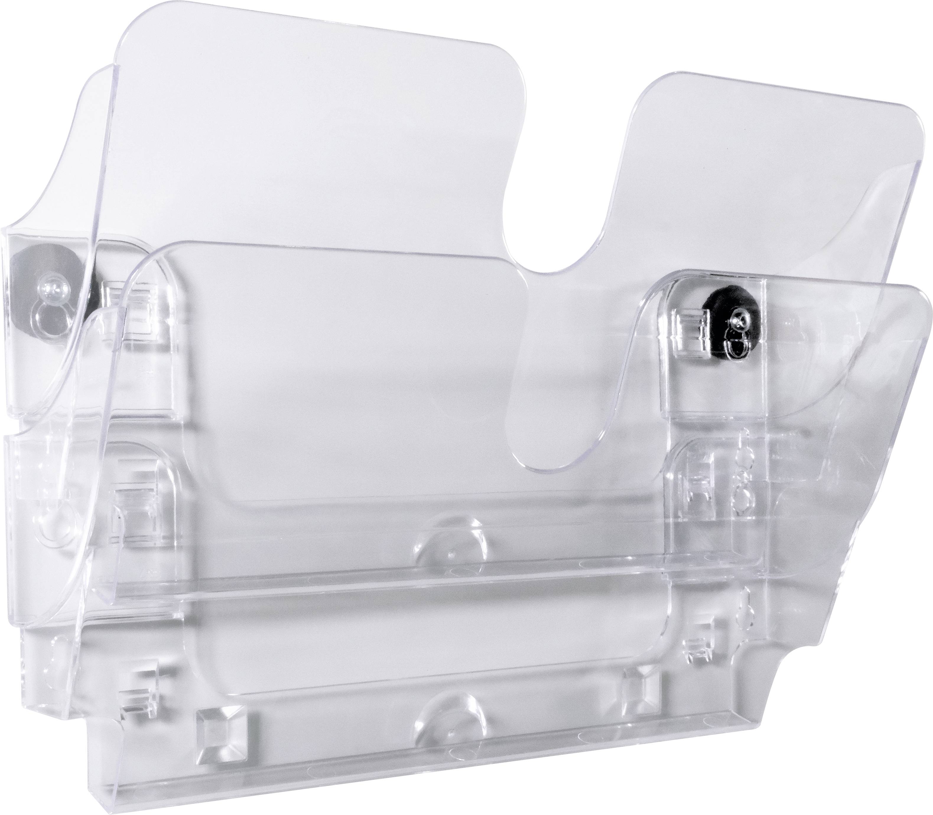 Transparent wall-mounted leaflet holder, suitable for brochures or magazines with two compartments. Ideal for offices or waiting rooms.