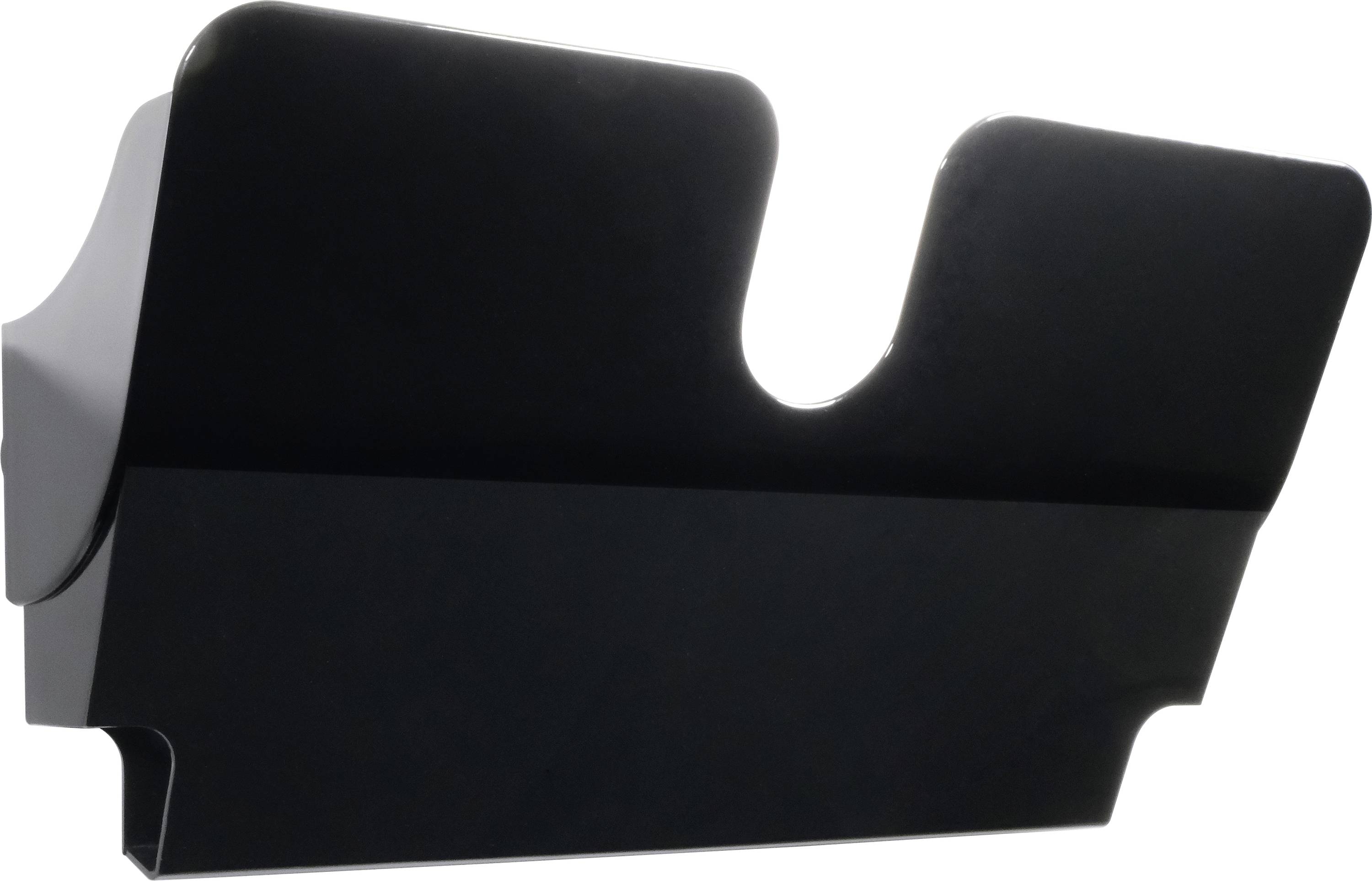 Black wall-mounted magazine rack with a curved top edge and a recess for easy removal of magazines, side view.